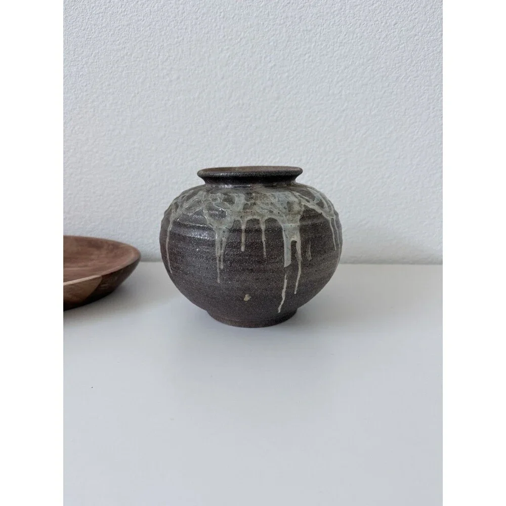 Vintage Signed SMART Studio Pottery Vase Heavy Stoneware Iridescent Oil Spot
